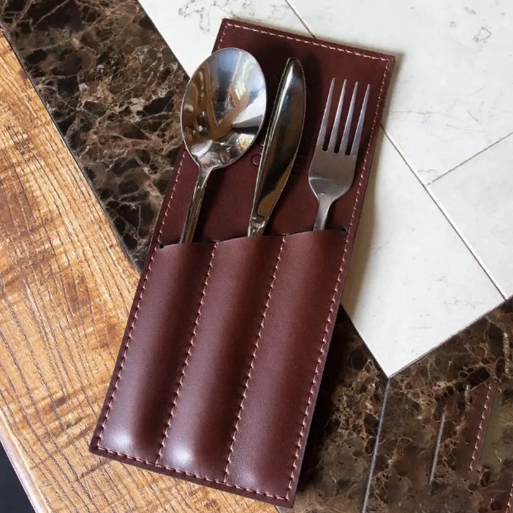 PU Leather Cutlery Storage Bag Simple Design 3 Pocket Utensil Storage Pouch Rectangular Multi-functional Forks Spoons Organizer