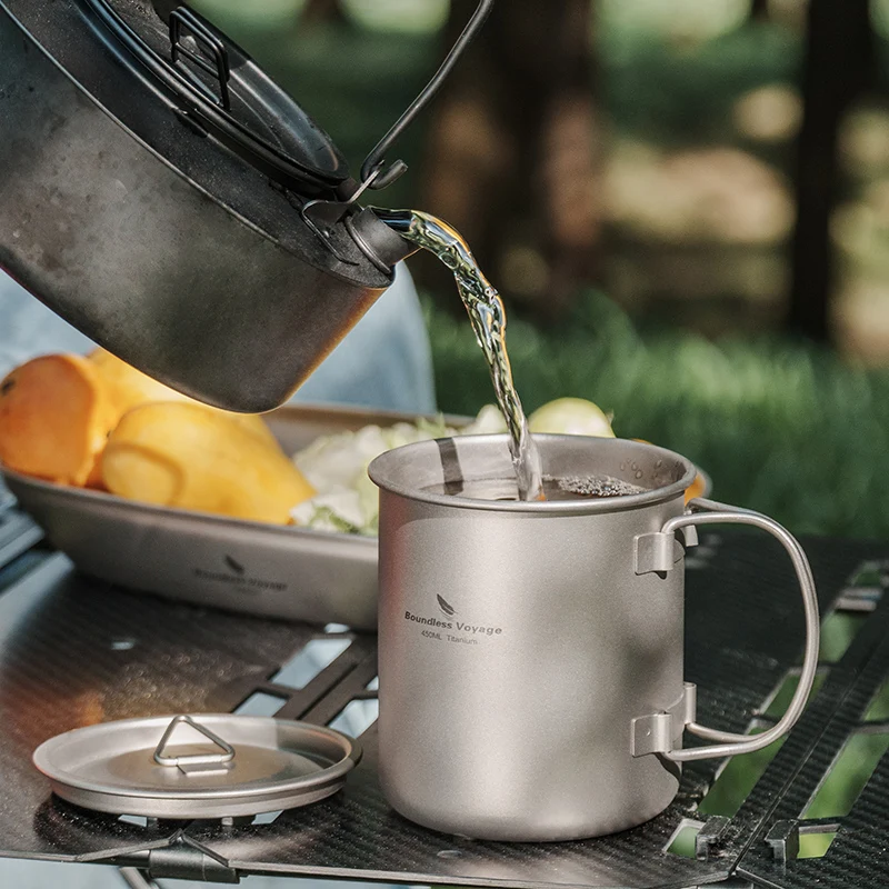 Boundless Voyage 450ml Titanium Cup with Folding Handle Outdoor Camping Hiking Ultralight Coffee Tea Wine Water Soup Mug Ti3026D
