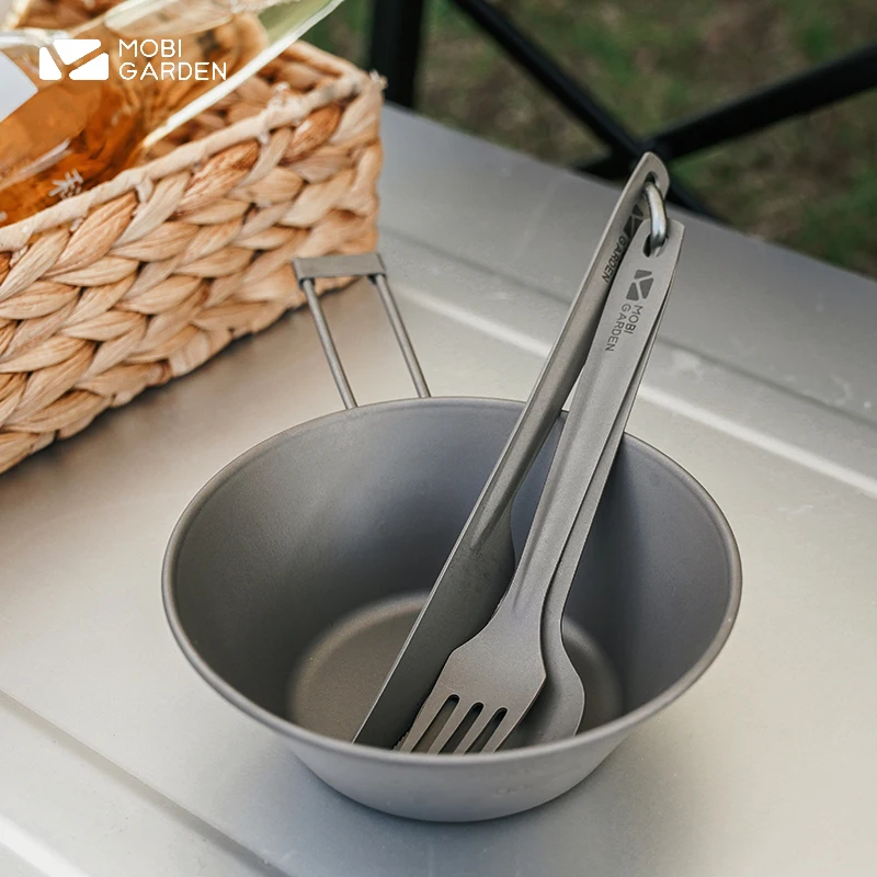 MOBI GARDEN Camping 45g Ultralight Titanium Bowl Folding Handle Noodle Tableware φ124mm 1 Person Outdoor Picnic Lightweight New