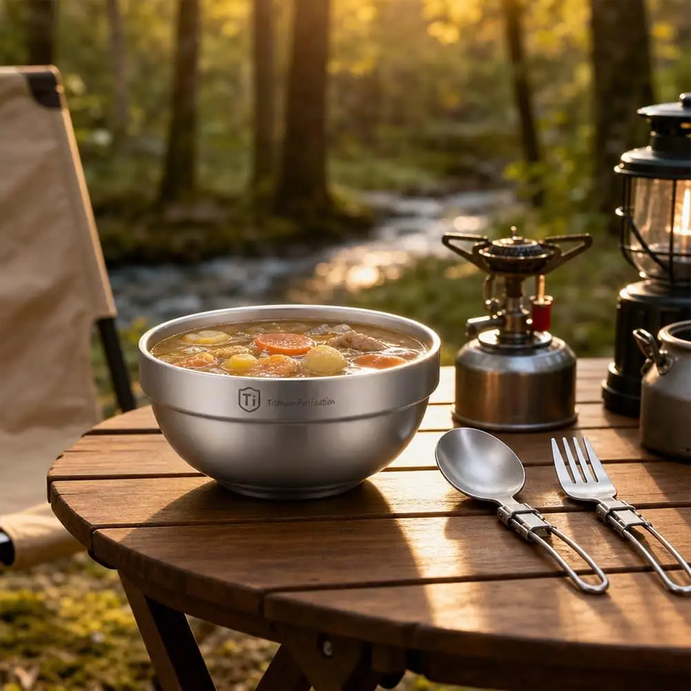 Pure Titanium Camping Bowl Double‑Layer Anti‑Scald Lightweight Outdoor Bowl Travel Tableware for Backpacking Picnic Equipment